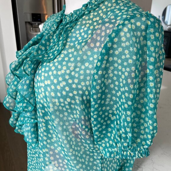 Cream CRKinia SS Puff Floral Button Down Blouse w Front Frill Green & Yel Sz 36 - Picture 4 of 13